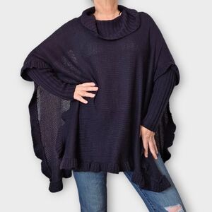 Alya Navy Cowl Neck Ruffle Poncho Size Medium/Large